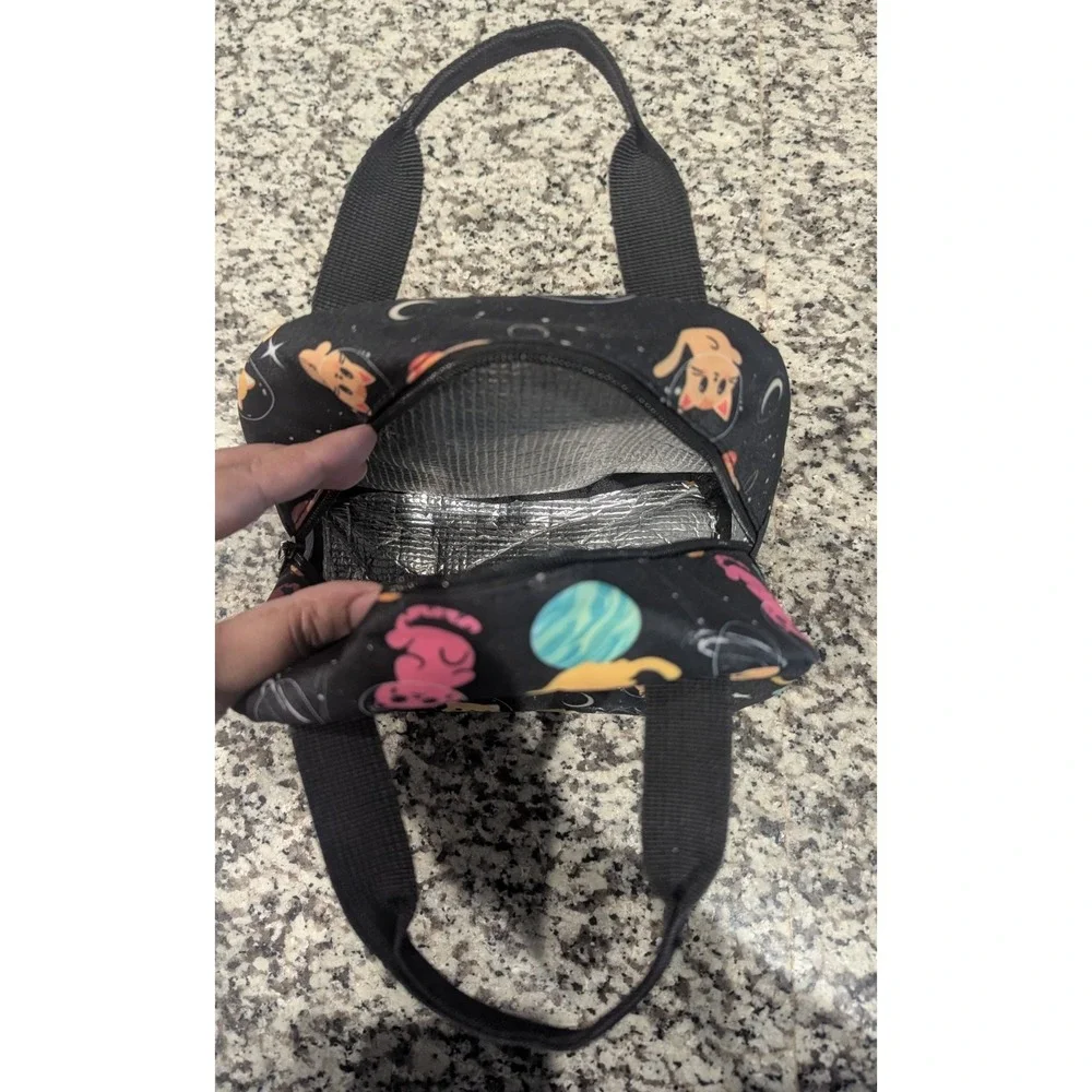 Space Galaxy Cat Kitty Insulated Lunch Bag Black